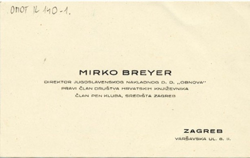 Posjetnica Mirka Breyera (1940.) / Breyer, Mirko