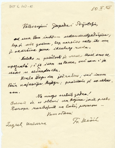 Pismo Frana Ilešića (1940.) / Ilešić, Fran