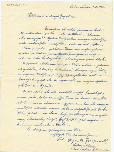 Pismo Josipa Žigantea (1955.) / Žigante, Josip
