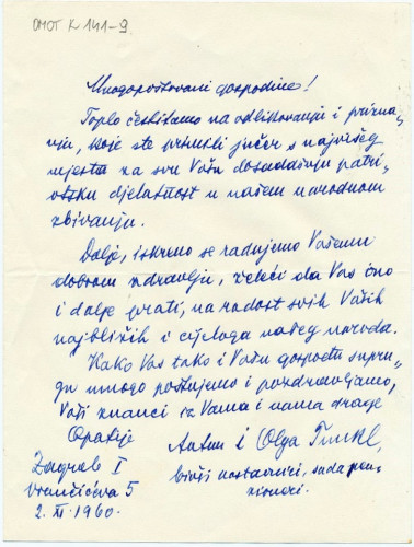 Pismo Antuna i Olge Tunkl (1960.) / Tunkl, Antun