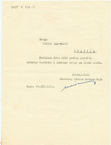 Pismo predsjednika Narodnog odbora kotara Buje (1953.)