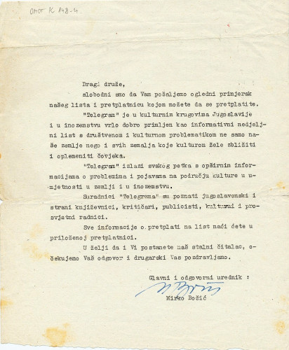 Pismo iz "Telegrama" / Božić, Mirko