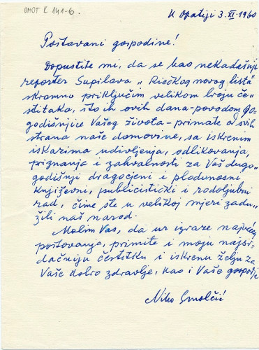 Pismo Nike Smolčića (1960.) / Smolčić, Niko