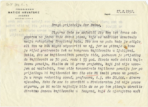 Dopis predsjednika Matice hrvatske Gustava Krkleca / Krklec, Gustav