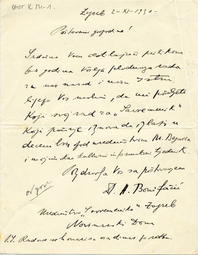Pismo iz "Savremenika" (1930.) / Bonifačić, Antun