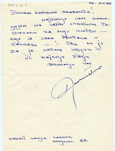 Pismo Vanje Radauša (1961.) / Radauš, Vanja