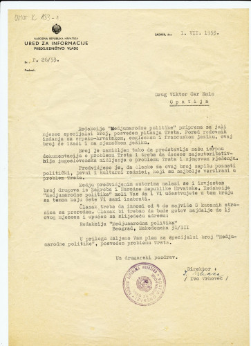 Pismo iz Ureda za informacije - Predsjedništvo Vlade (1953.) / Vrhovec, Ivo