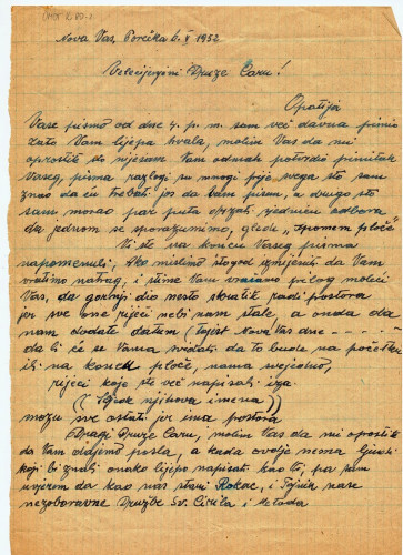 Pismo Mate Vlašića (1952.) / Vlašić, Mate