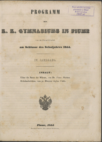 Programm des K.k. Gymnasiums in Fiume : veröffentlicht am Schlusse des Schuljahres 1855.
