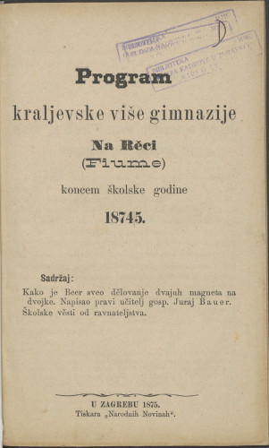 Program kraljevske više gimnazije na Reci (Fiume) : koncem školske godine 1874/5.