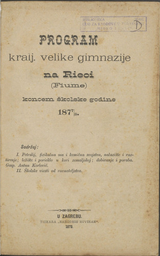 Program kralj. velike gimnazije na Rieci (Fiume) : koncem školske godine 1877/8.