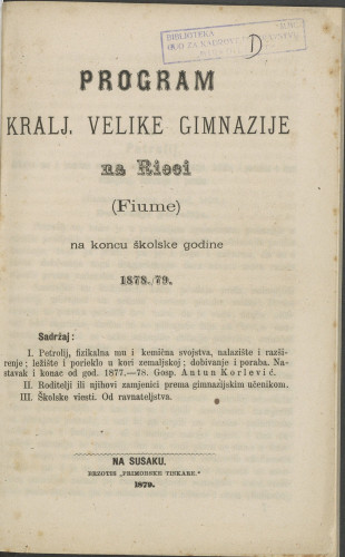 Program kralj. velike gimnazije na RIeci (Fiume) : na koncu školske godine 1878./79.
