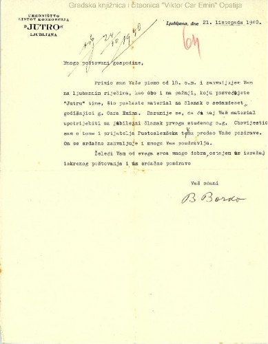 Pismo uredništva lista "Jutro" (1940.) / Borko, Božidar